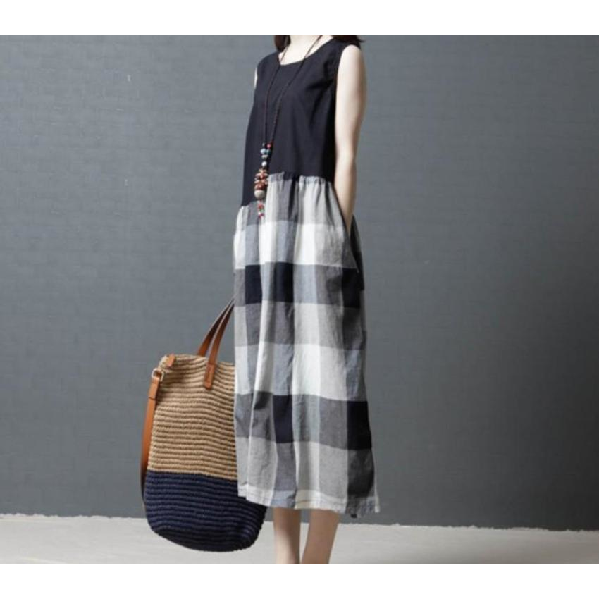 Sleeveless One Piece Checkered Dress - YuppyCollections