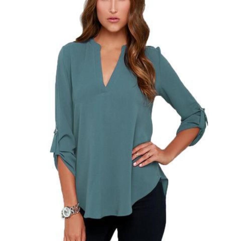 Womens V Neck Quarter Sleeve Top in Green - YuppyCollections