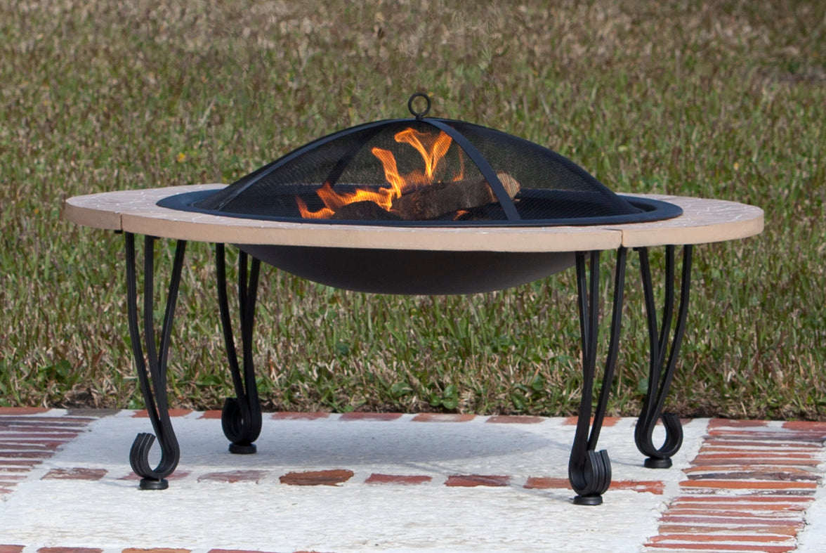 39 in Fire Pit w/Cast Iron Rim Faux Stone 30 in Fire Bowl - YuppyCollections