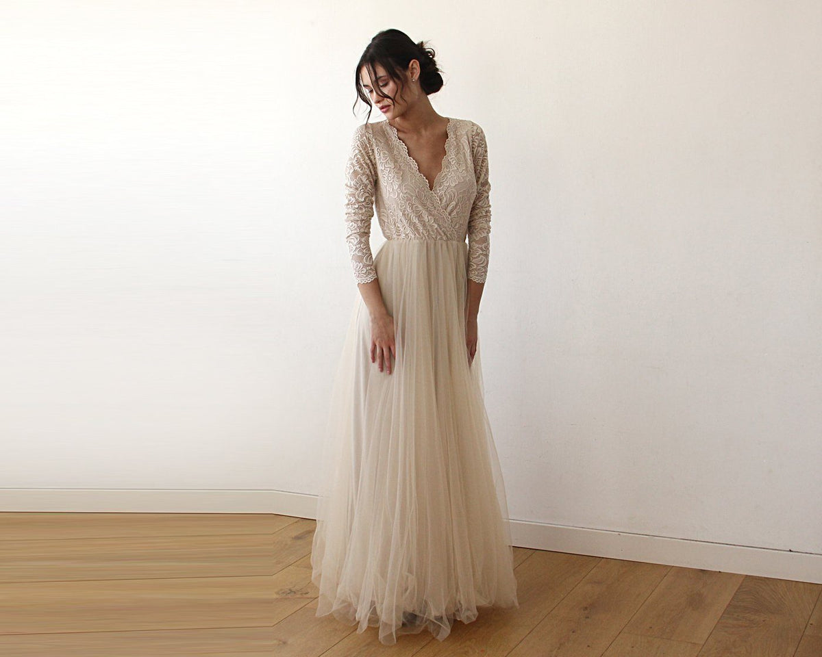 Champagne  Tulle and Lace Long Sleeve Wedding Maxi Dress 1125 - YuppyCollections