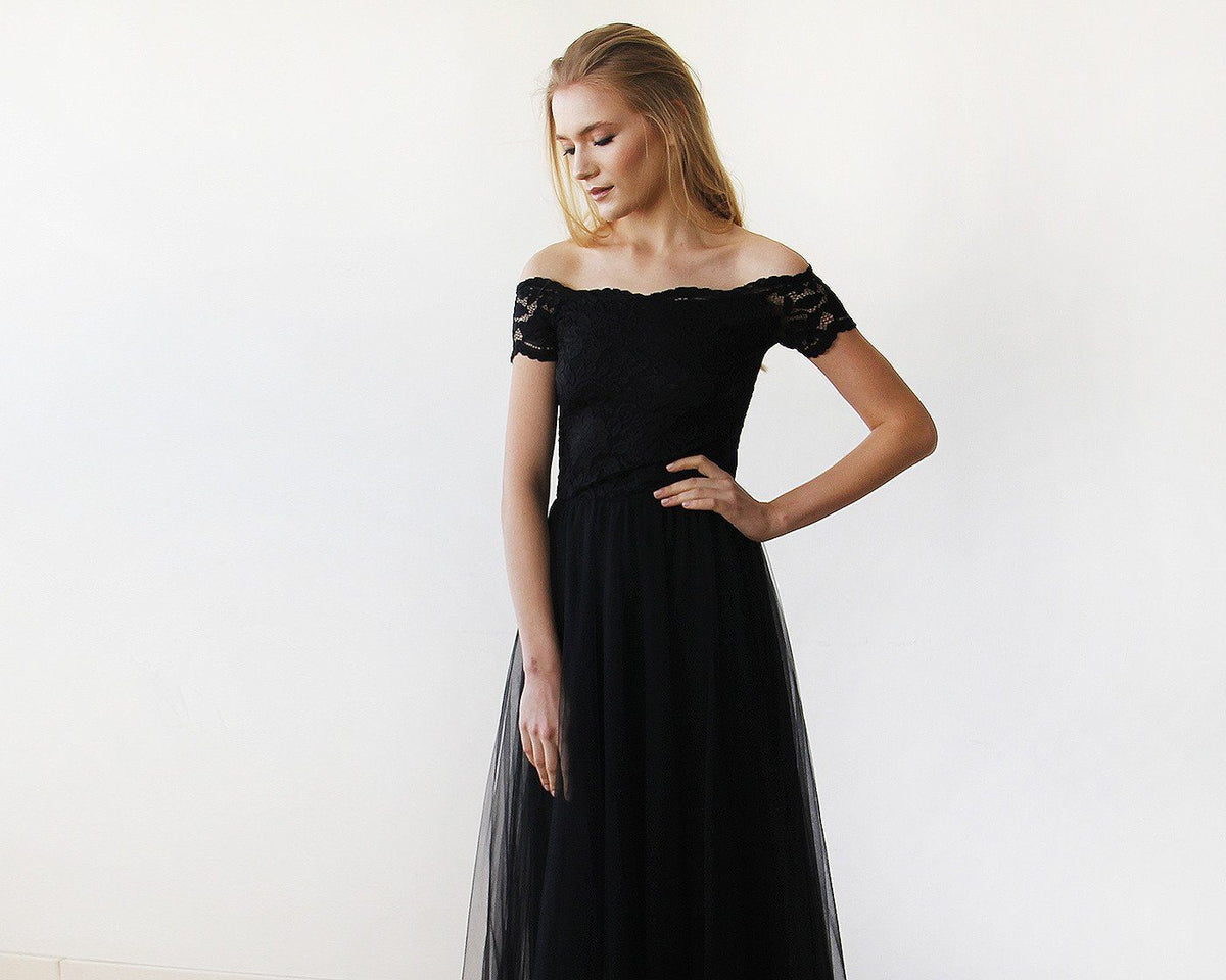 Black Lace Off-the-Shoulder Short Sleeve Tulle Maxi Dress 1139 - YuppyCollections