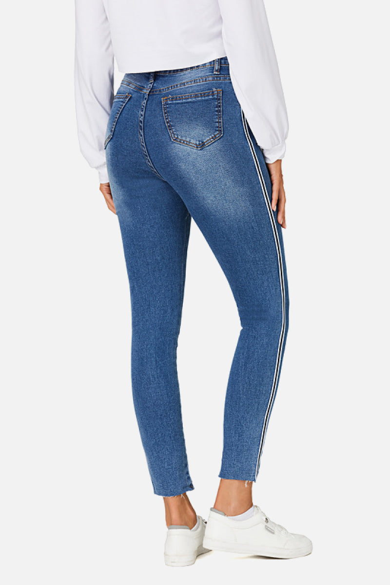 Mid Rise Stripe Detail Skinny Jeans - YuppyCollections