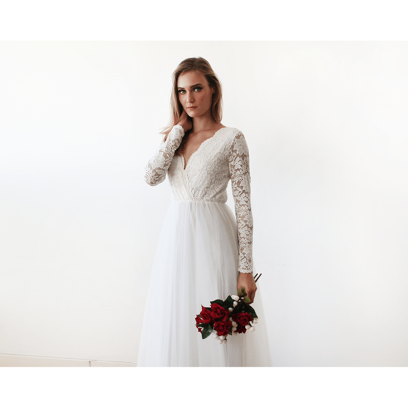 Ivory Tulle and Lace Long Sleeve Wedding Maxi Dress 1125 - YuppyCollections