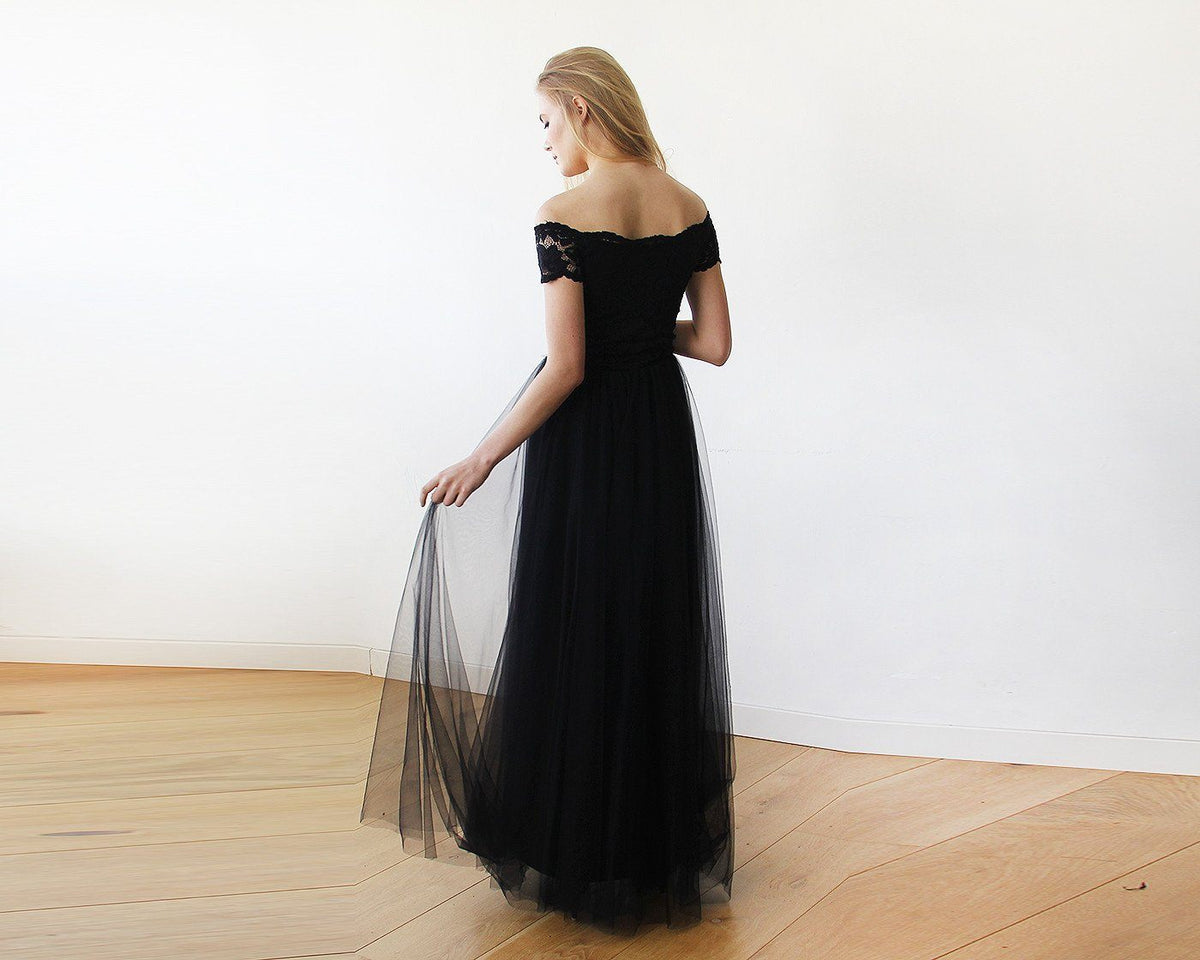 Black Lace Off-the-Shoulder Short Sleeve Tulle Maxi Dress 1139 - YuppyCollections