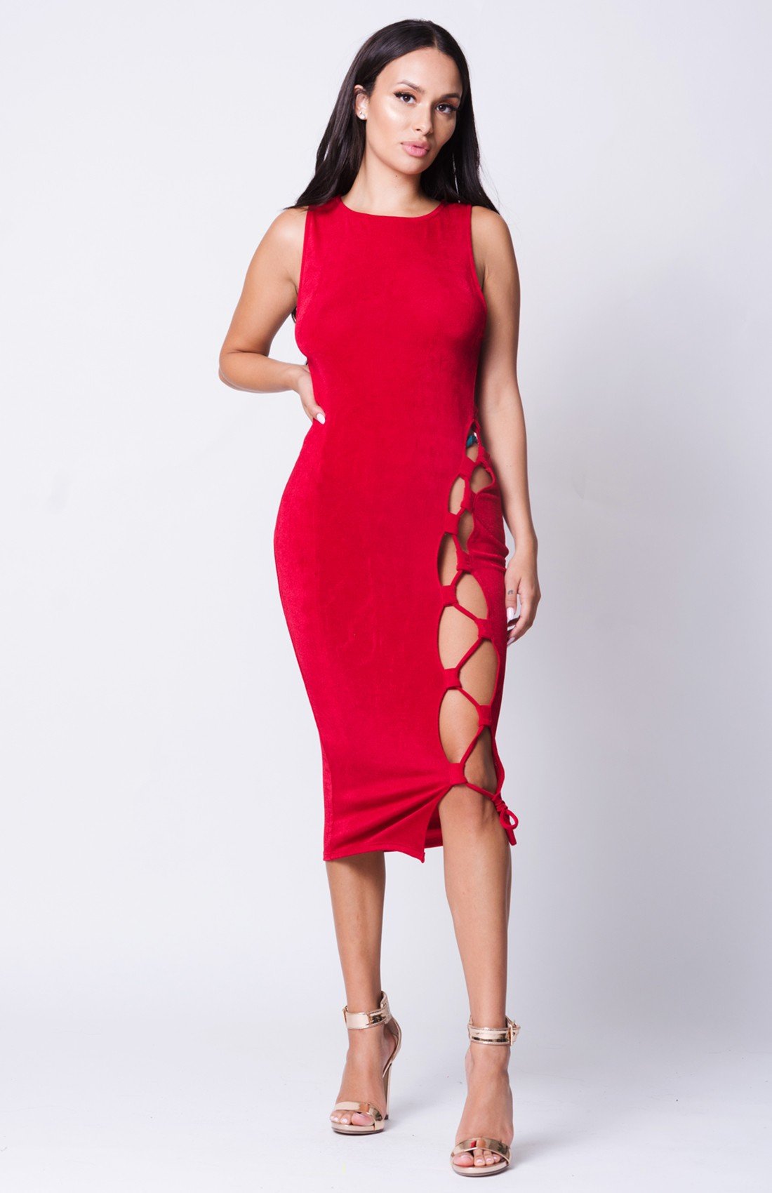 LACE UP SOLID MIDI DRESS - YuppyCollections