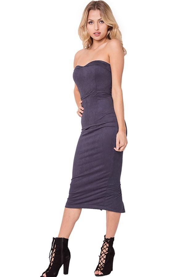 STRAPLESS FAUX SUEDE MIDI DRESS - YuppyCollections