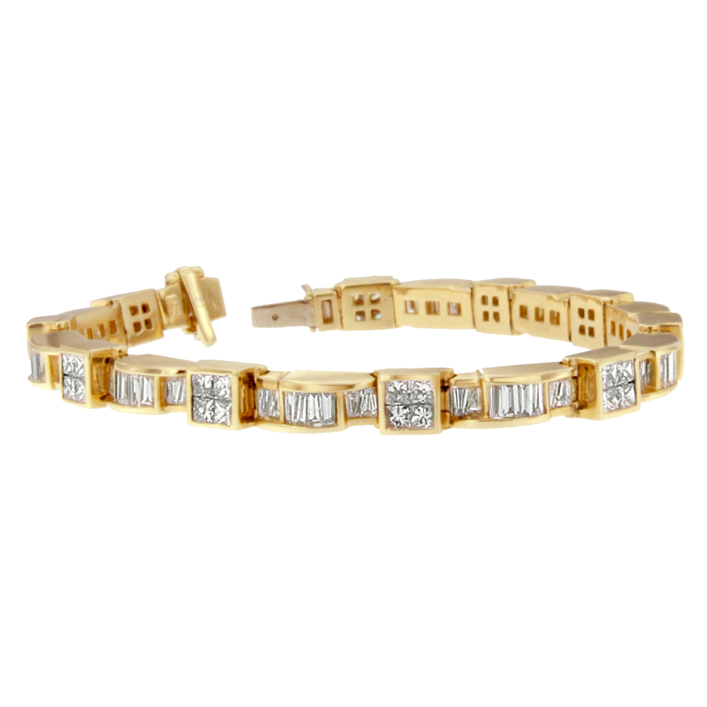 14K Yellow Gold 7ct. TDW Princess and Baguette Cut Diamond Cube-Link Bracelet (G-H,VS1-VS2) - YuppyCollections