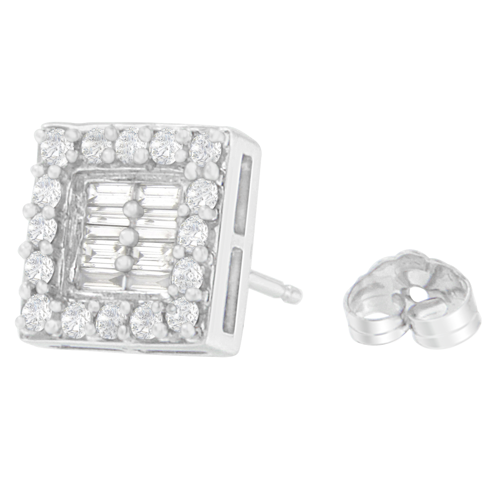 14K White Gold 1ct. TDW Round And Baguette-cut Stud Earrings (H-I,SI1-SI2) - YuppyCollections