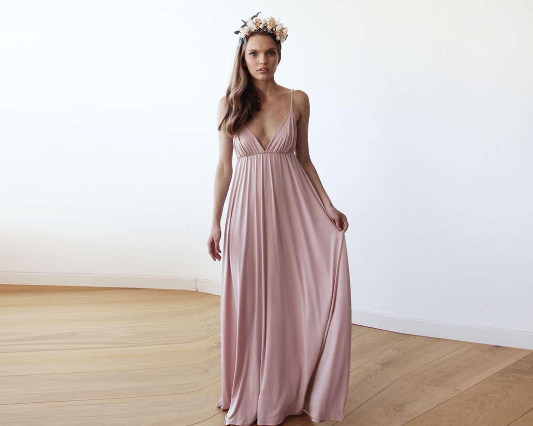 Pink V-neck Maxi Dress 1093 - YuppyCollections