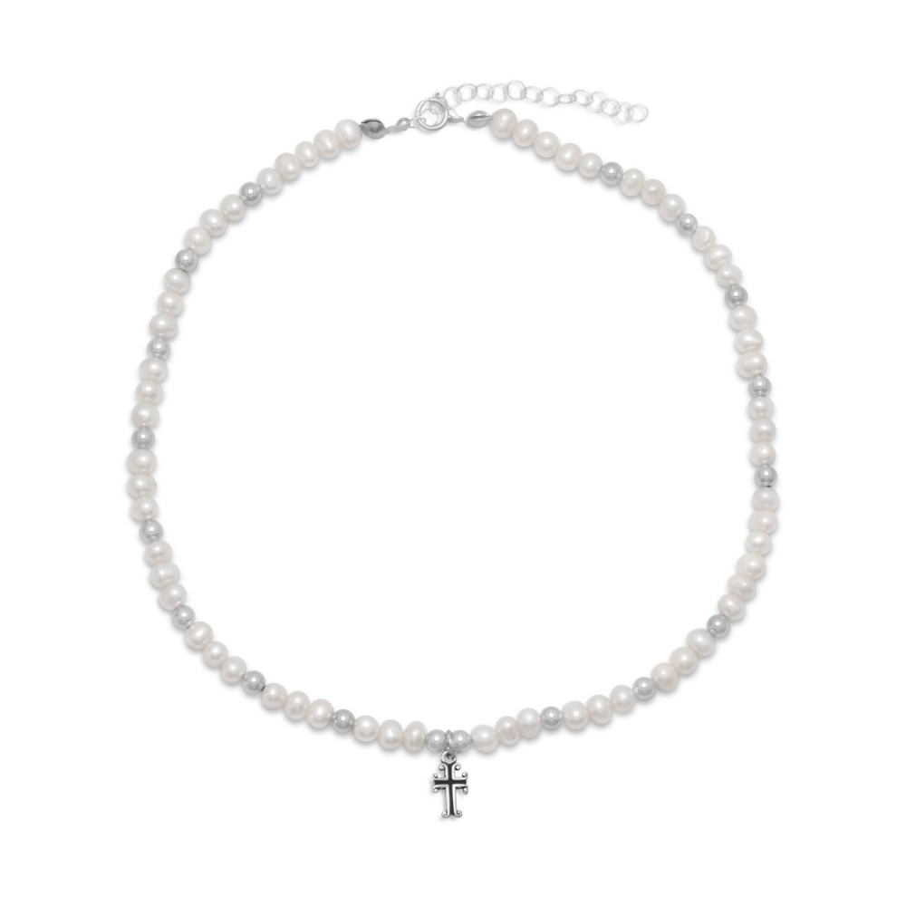 13" +2" Extension White Cultured Freshwater Pearl and Silver Bead Necklace with Cross Drop - YuppyCollections