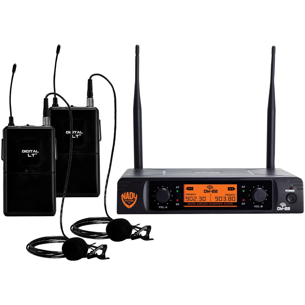 Nady(R) DW-22-LT-ANY Dual-Transmitter Digital Wireless Microphone System (2 Digital LT(TM) LM-14/O lapel microphones) - YuppyCollections