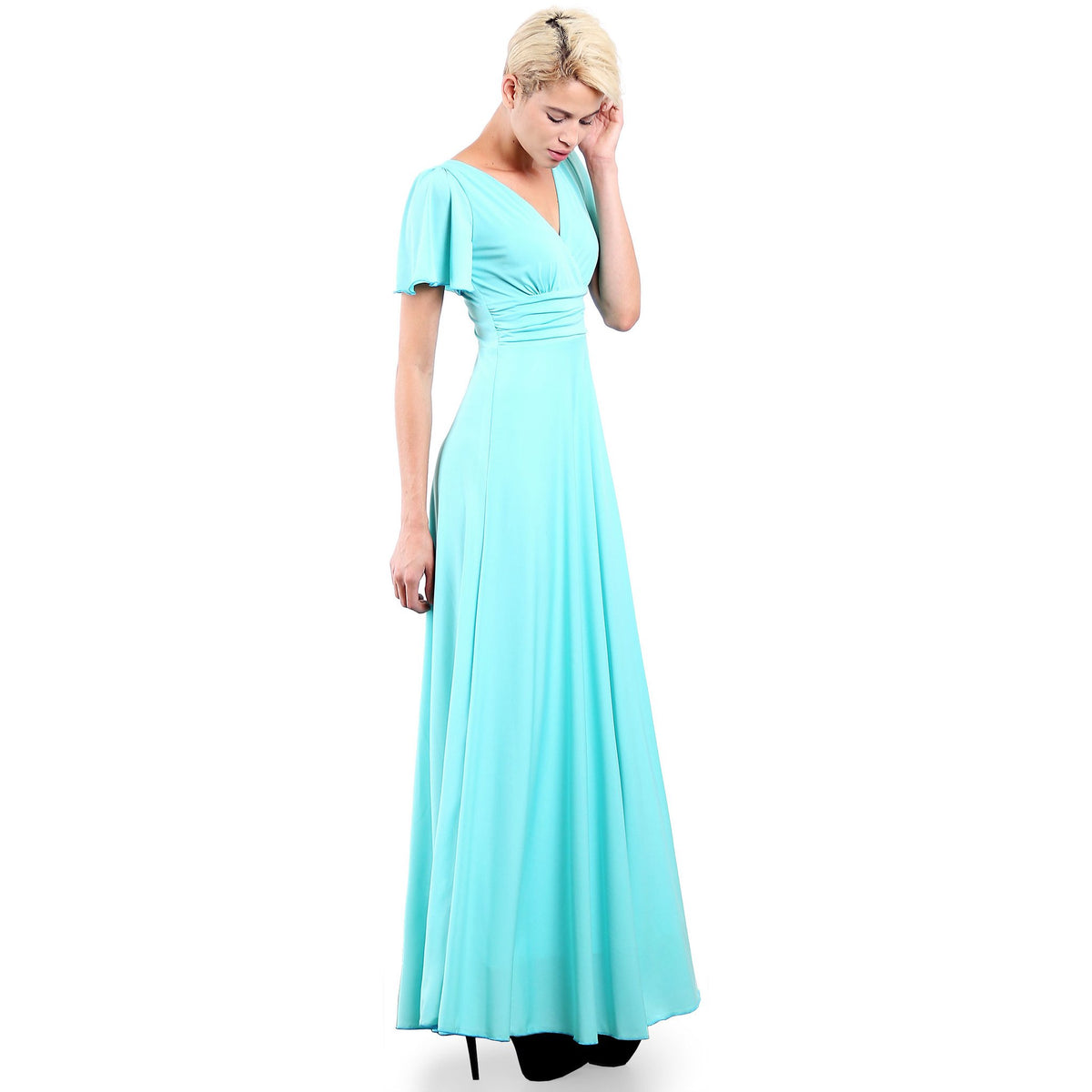 Evanese Women's Slip on Evening Party Formal Long Dress Gown with Short Sleeves - YuppyCollections