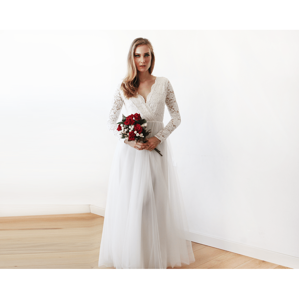 Ivory Tulle and Lace Long Sleeve Wedding Maxi Dress 1125 - YuppyCollections