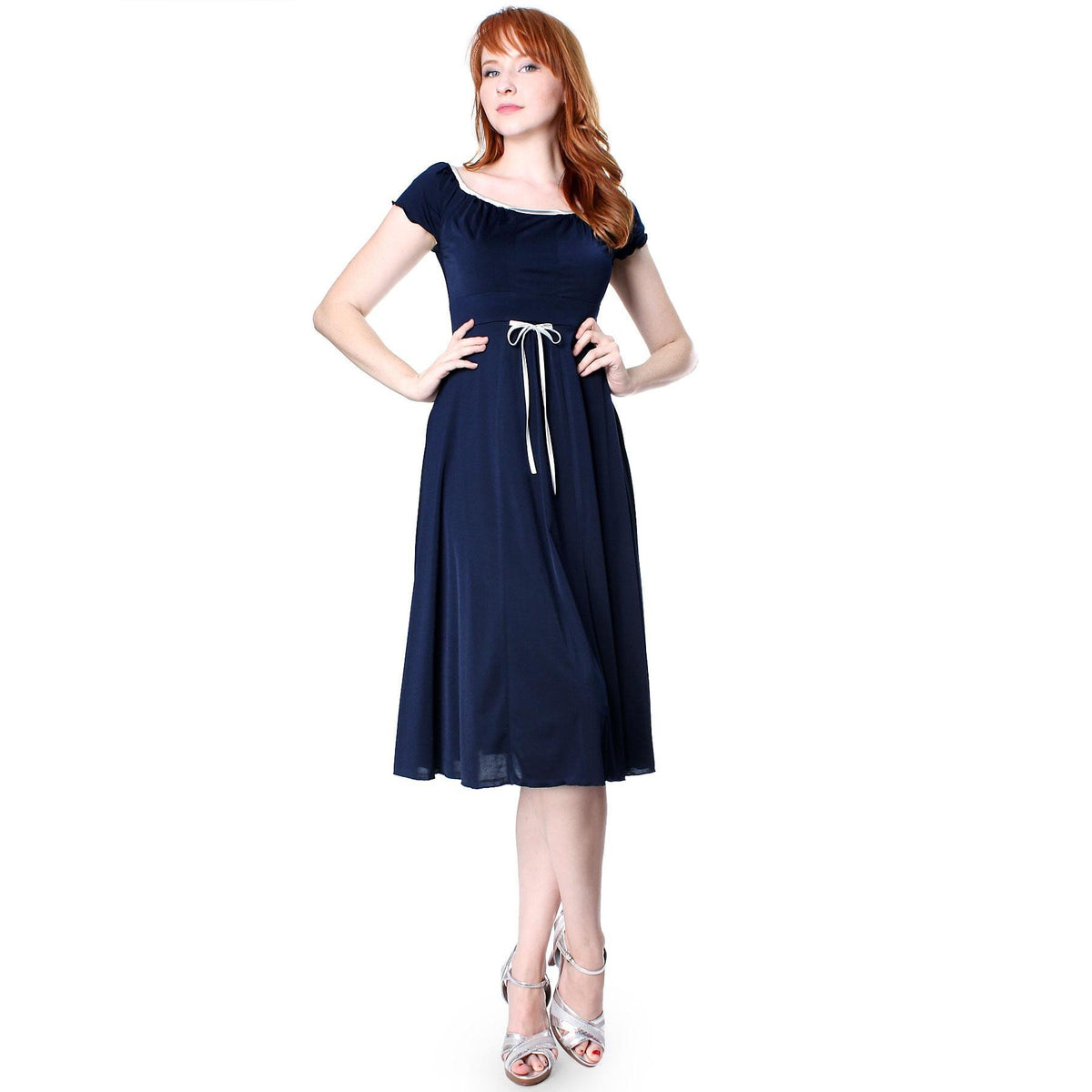 Evanese Women's sweetheart cap sleeve knee length day dress with satin trims - YuppyCollections