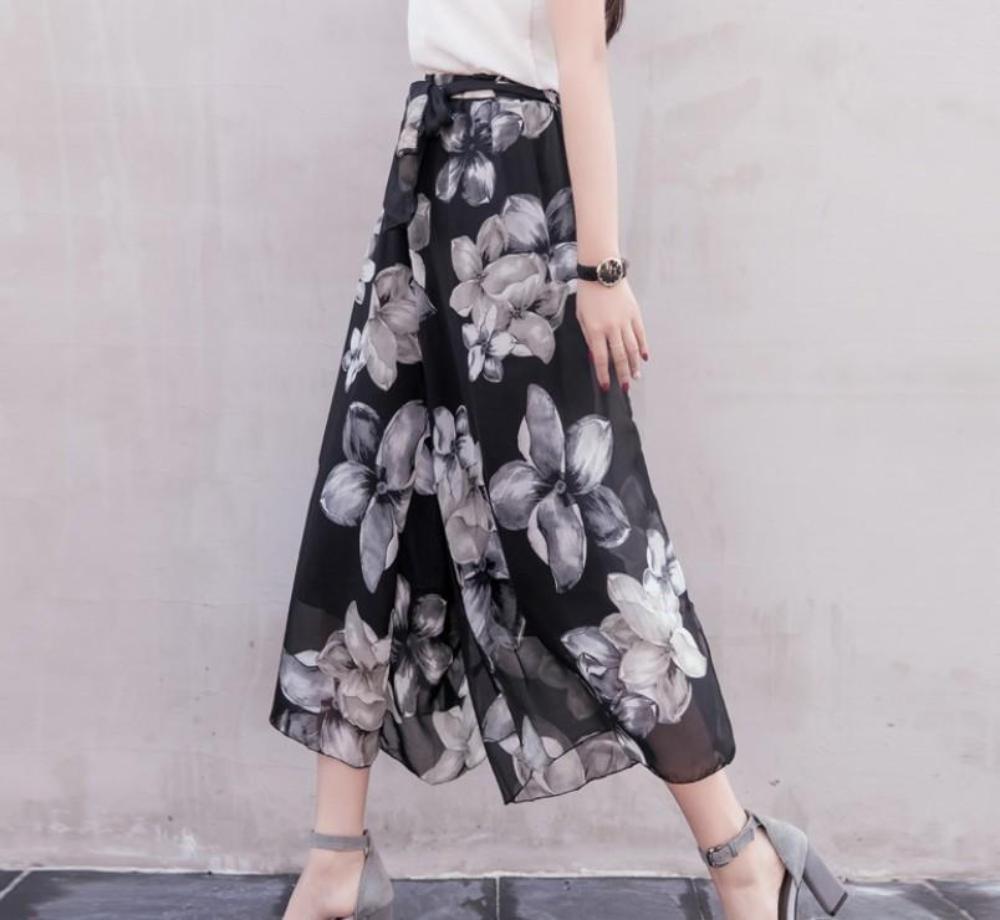 Womens Floral Wide Leg Chiffon Pants - YuppyCollections