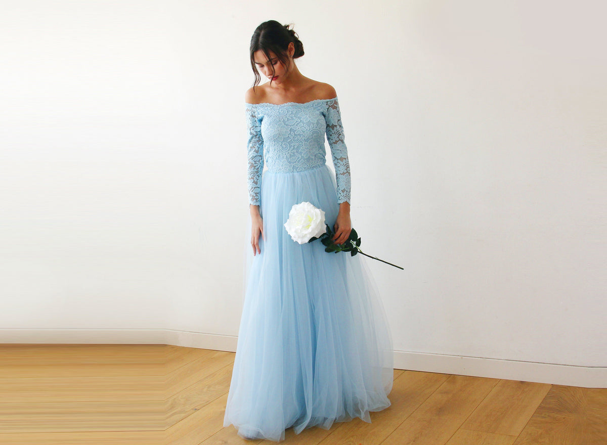 Light Blue  Off-The-Shoulder Lace and Tulle Maxi Dress 1134 - YuppyCollections