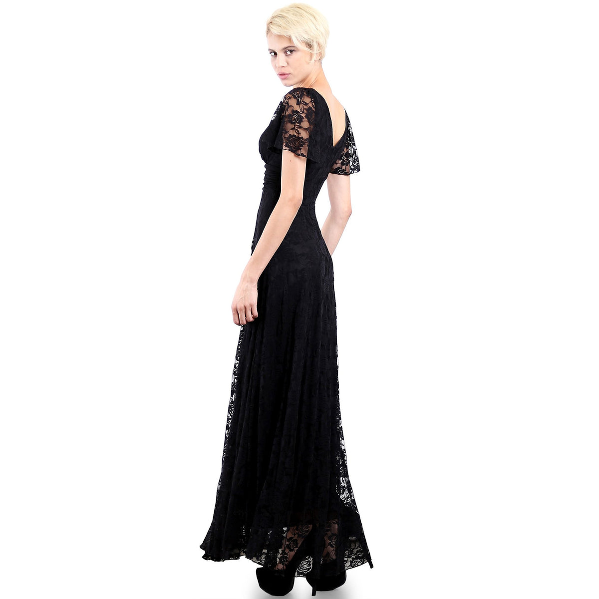 Evanese Women's Lace Evening Party Formal Long Dress Gown with Short Sleeves - YuppyCollections