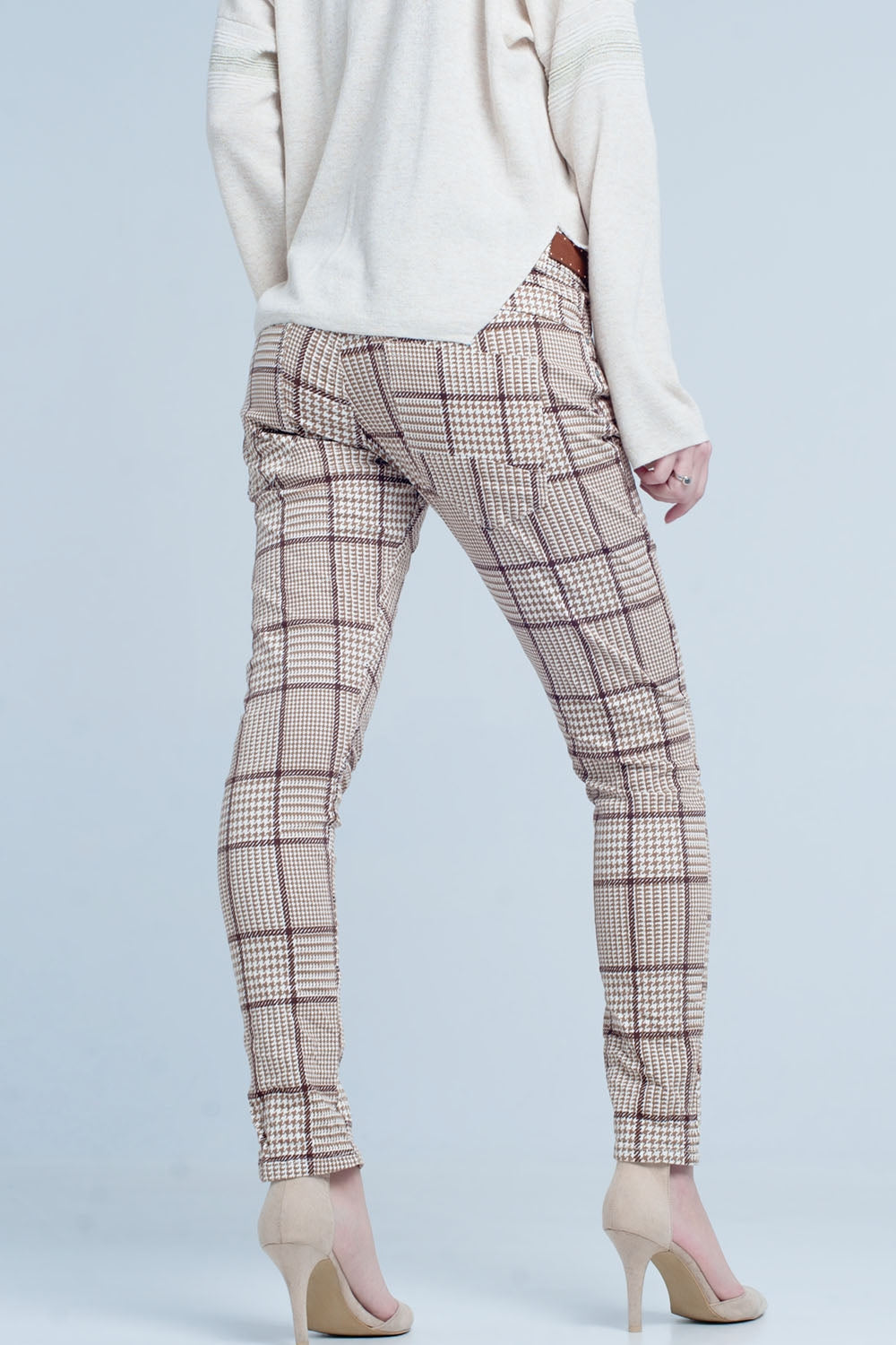 pants in beige check with button - YuppyCollections