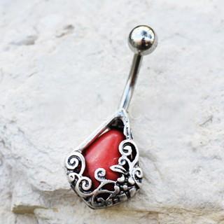 316L Stainless Steel Ornamental Red Stone Teardrop Navel Ring - YuppyCollections