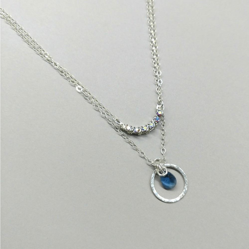 Silver Layered Blue Crystal Circle Crescent Necklace - YuppyCollections