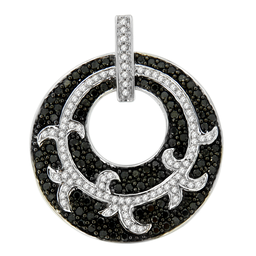 14k White Gold 1 1/2 CTTW Black and White Diamond Medallion Circle Pendant Necklace (H-I, I1-I2) - YuppyCollections