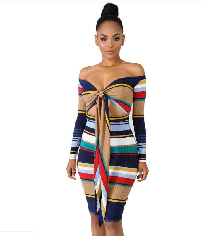 sexy printing tie long sleeve shows shoulder wrap buttock skirt bodycon dress - YuppyCollections