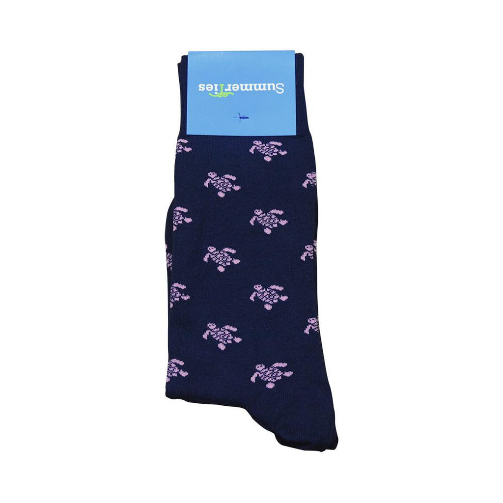 Turtle Socks - Men's Mid Calf - Pink on Navy - YuppyCollections