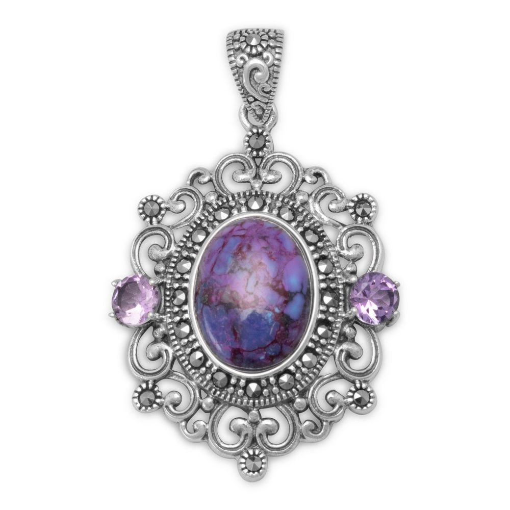 Ornate Marcasite and Reconstituted Purple Turquoise Pendant - YuppyCollections