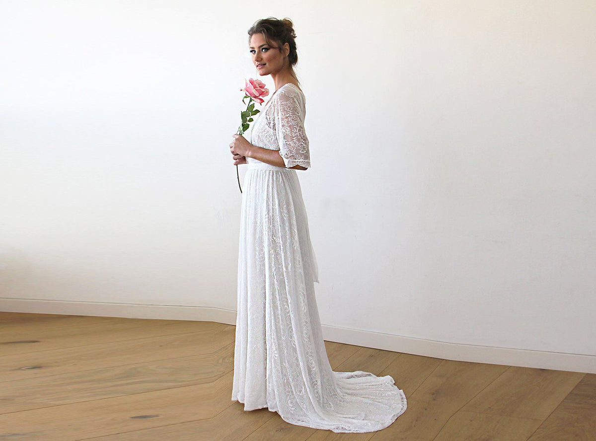 Floral Lace Ivory Sheer Maxi Dress With Train 1165 - YuppyCollections