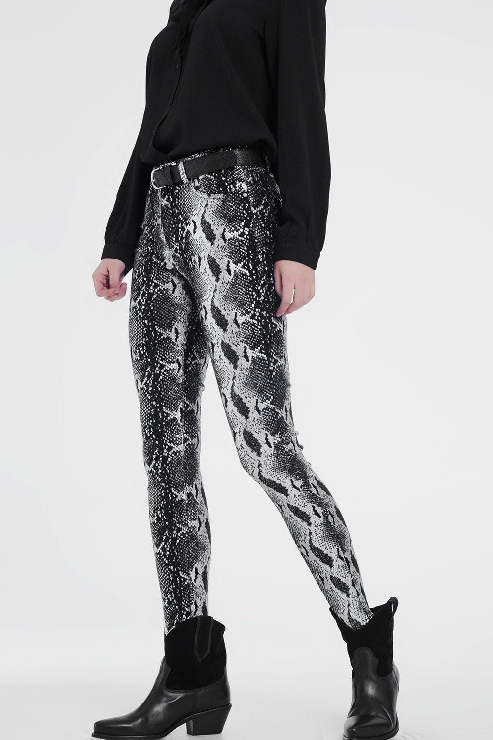 Black Skinny Shiny Printed Pants - YuppyCollections