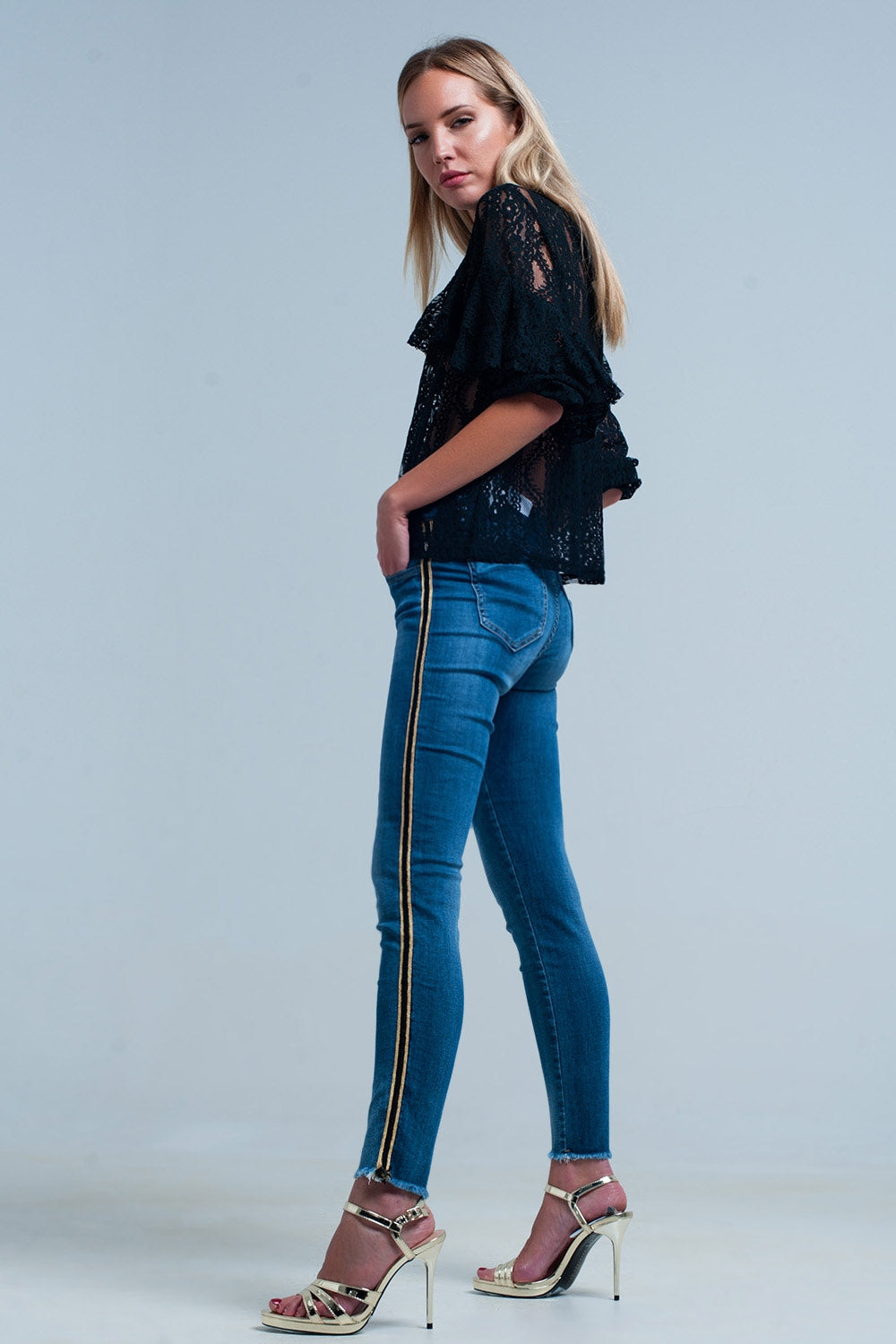 Blue denim pants with gold and black sideband - YuppyCollections