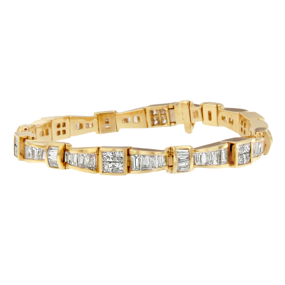 14K Yellow Gold 7 3/4 CTTW Princess and Baguette Cut Diamond Bow-Link Bracelet (H-I, SI1-SI2) - YuppyCollections