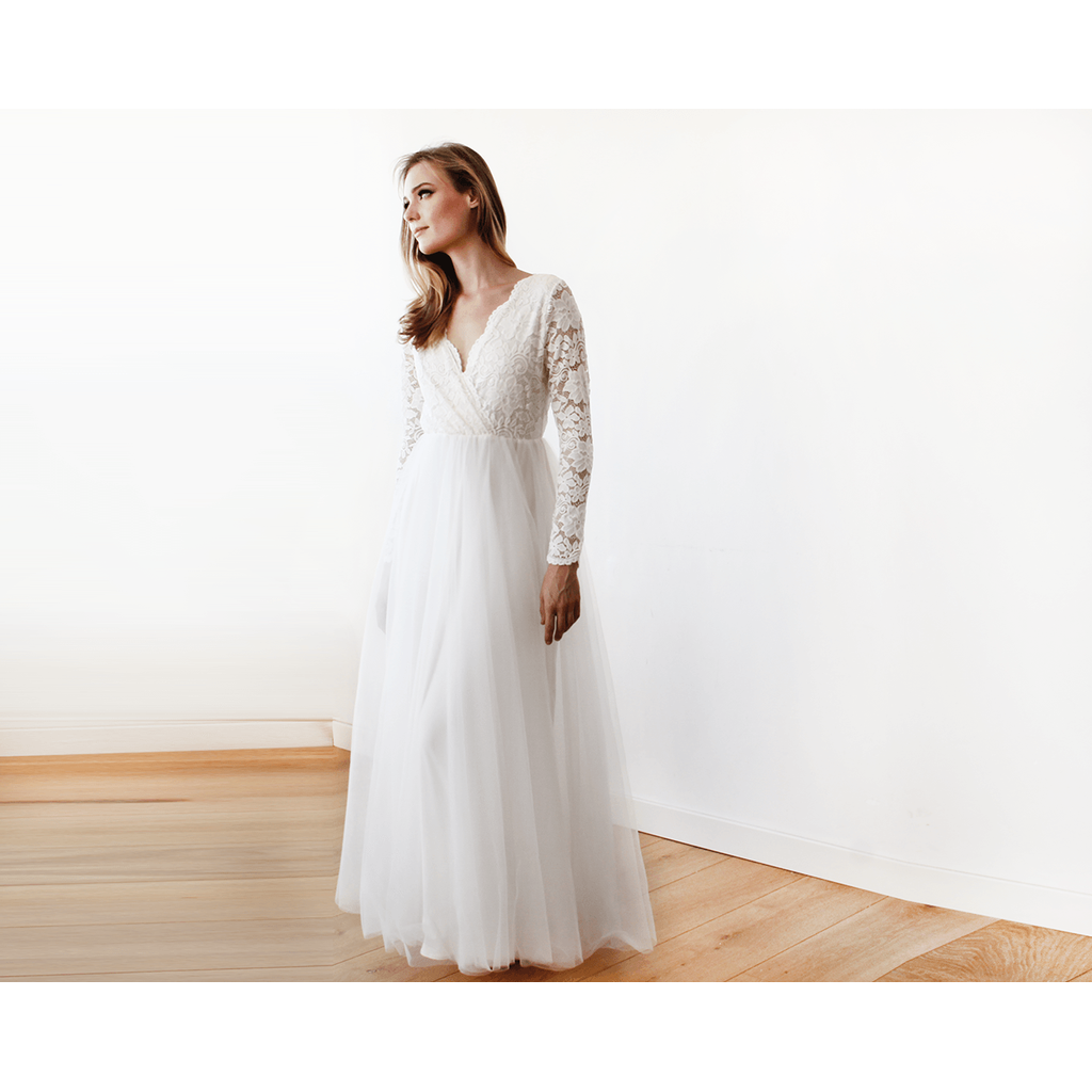 Ivory Tulle and Lace Long Sleeve Wedding Maxi Dress 1125 - YuppyCollections