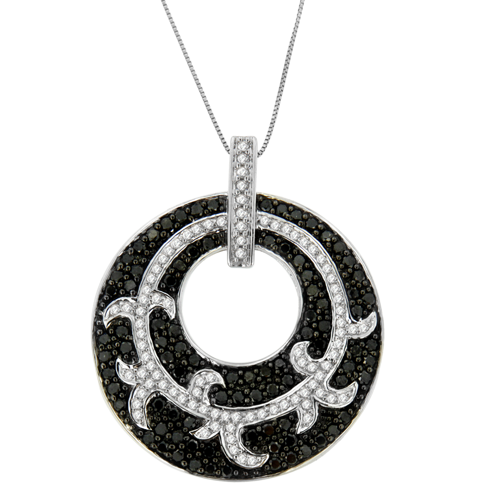 14k White Gold 1 1/2 CTTW Black and White Diamond Medallion Circle Pendant Necklace (H-I, I1-I2) - YuppyCollections