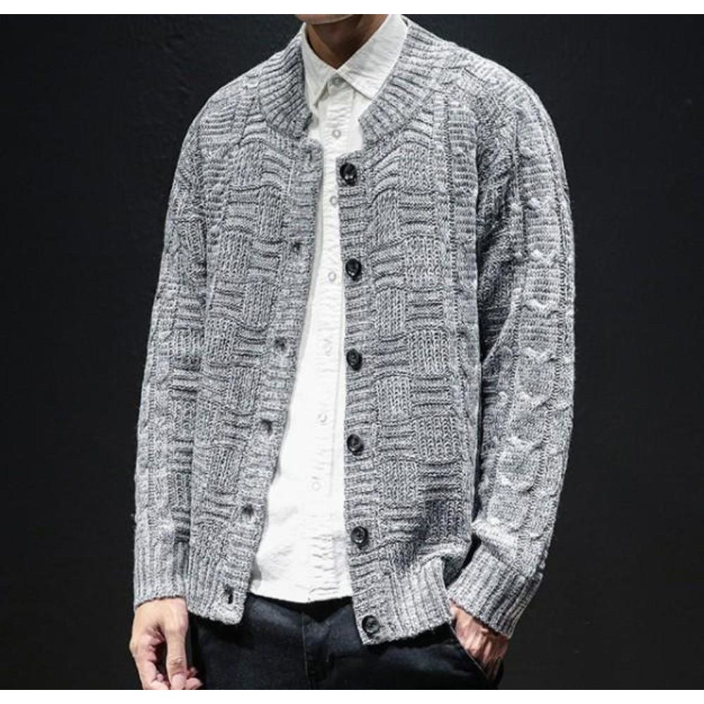 Mens Crew Neck Button Front Cardigan in Gray - YuppyCollections