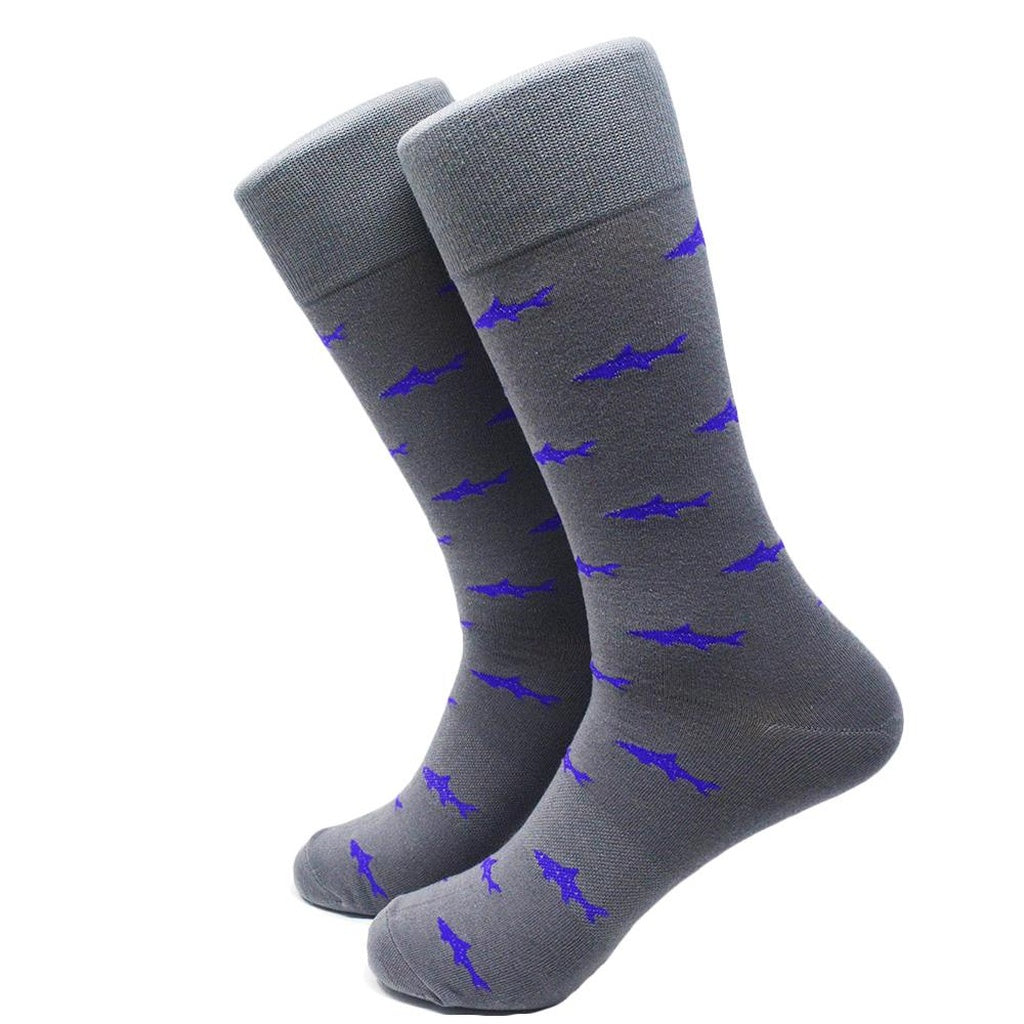 Shark Socks - Men's Mid Calf - Purple on Gray - YuppyCollections