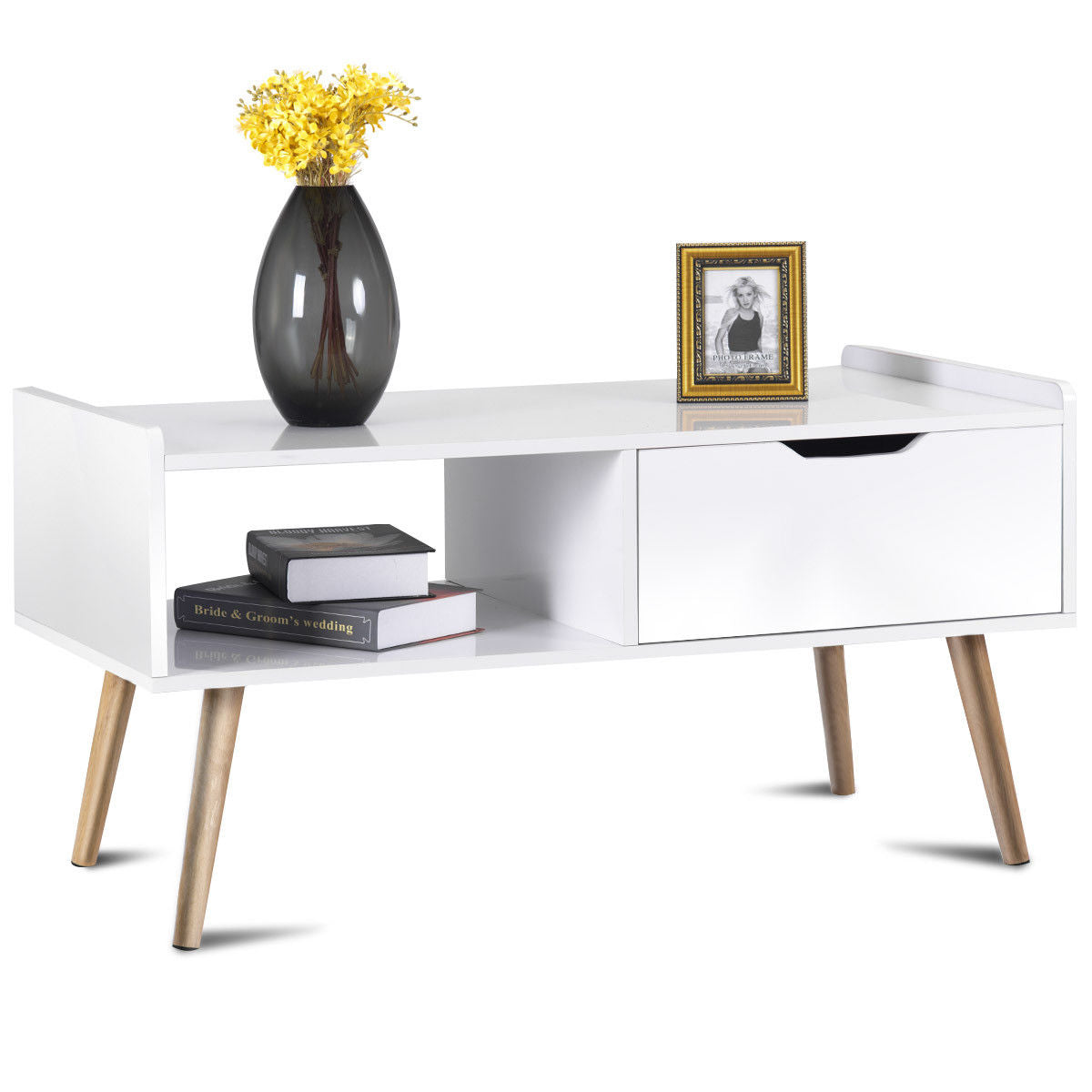 Costway Modern Coffee Table Side End Table Cabinet With Drawers Solid Wood LegsCostway Modern Coffee Table Side End Table Cabinet With Drawers Solid Wood Legs - YuppyCollections