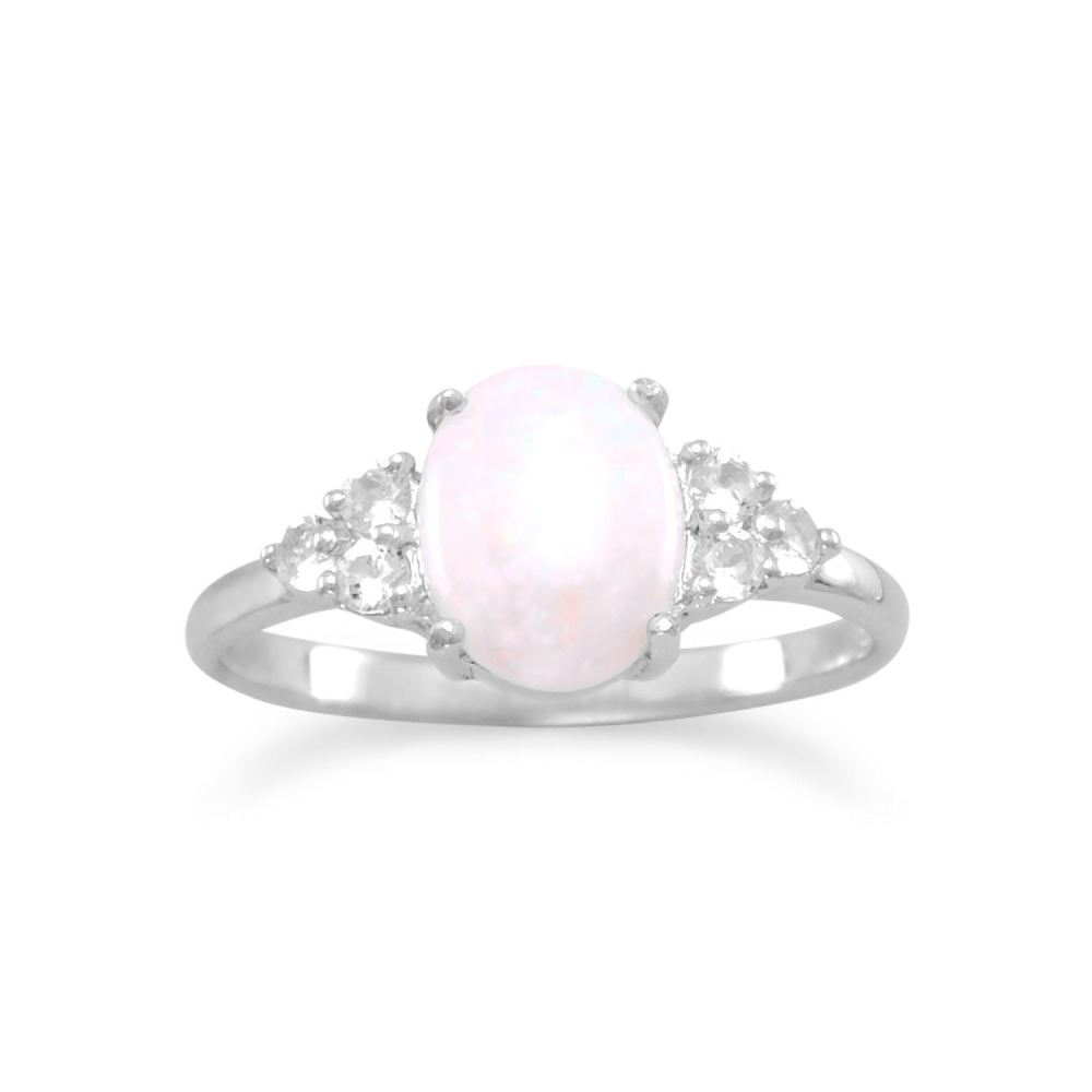 Rhodium Plated Australian Opal and White Topaz Ring - YuppyCollections