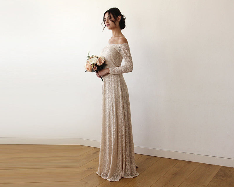 Champagne Off-The-Shoulder Floral Lace Medium-Long Sleeve Maxi Dress 1119 - YuppyCollections