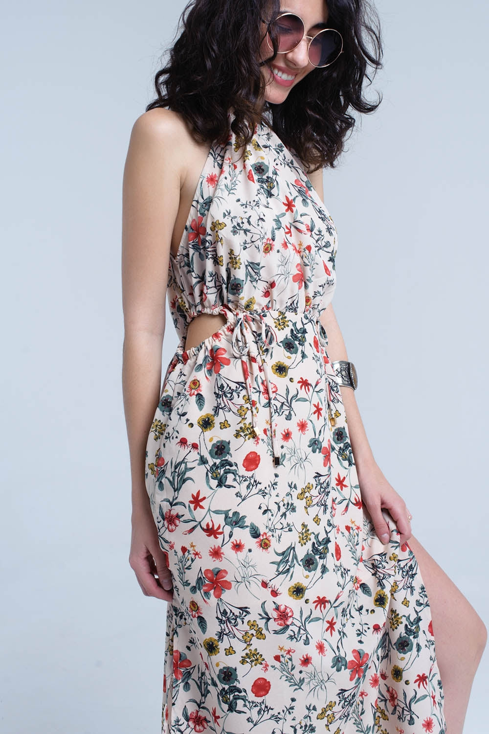 Beige floral high neck cut out midi dress - YuppyCollections