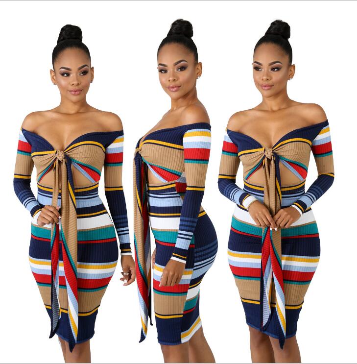 sexy printing tie long sleeve shows shoulder wrap buttock skirt bodycon dress - YuppyCollections