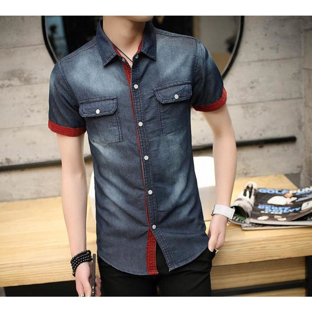 Mens Short Sleeve Button Front Denim Shirt - YuppyCollections