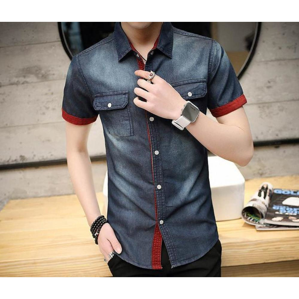 Mens Short Sleeve Button Front Denim Shirt - YuppyCollections