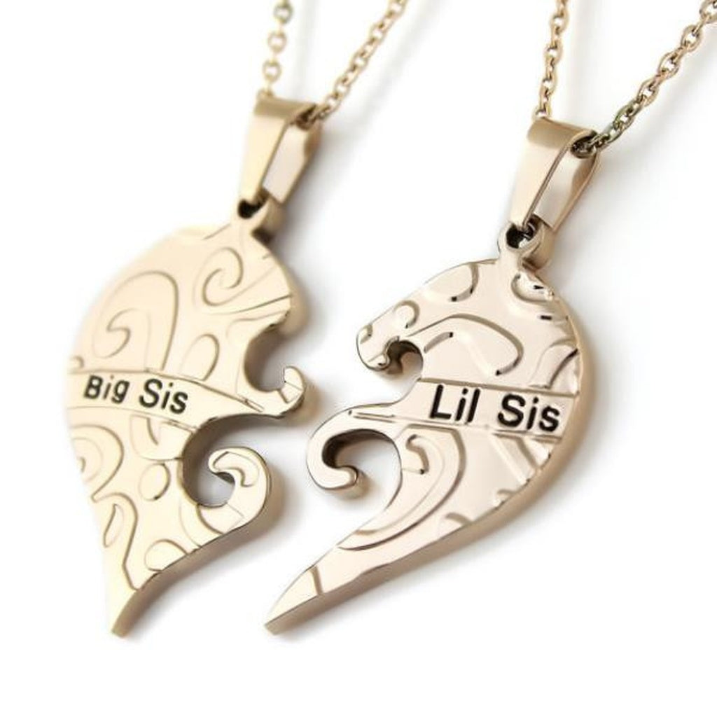 Sister Necklace Big Sis & Lil Sis Sister Gold Tone Necklace, Heart Necklaces Set (2pcs) - YuppyCollections