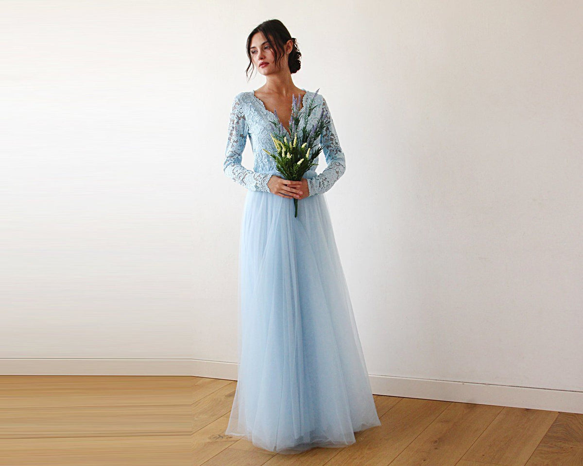 Light Blue Tulle and Lace Long Sleeve Wedding Maxi Dress 1125 - YuppyCollections