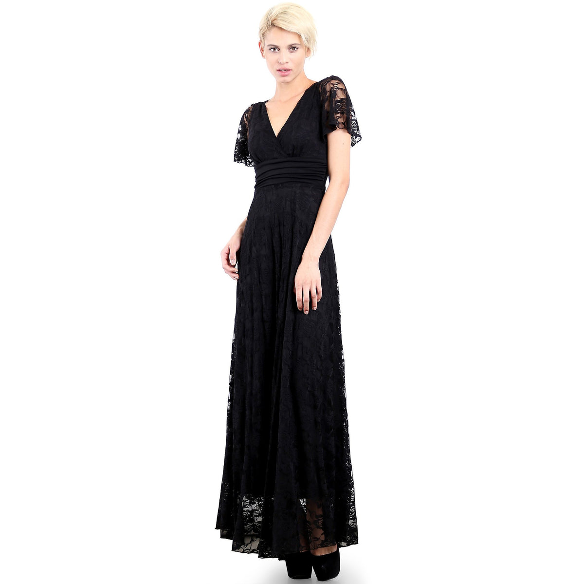 Evanese Women's Lace Evening Party Formal Long Dress Gown with Short Sleeves - YuppyCollections