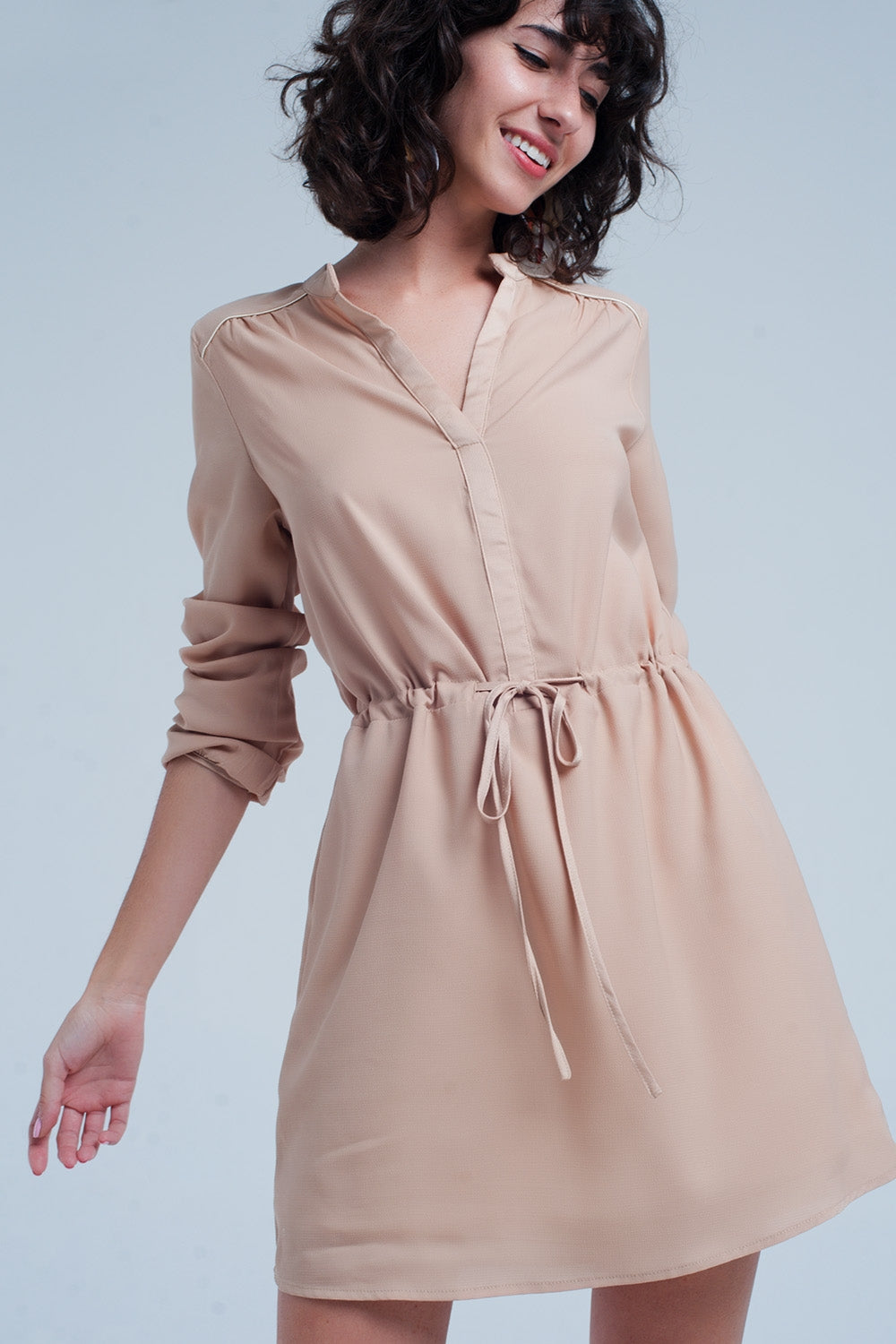 Beige tie waist shirt mini dress - YuppyCollections