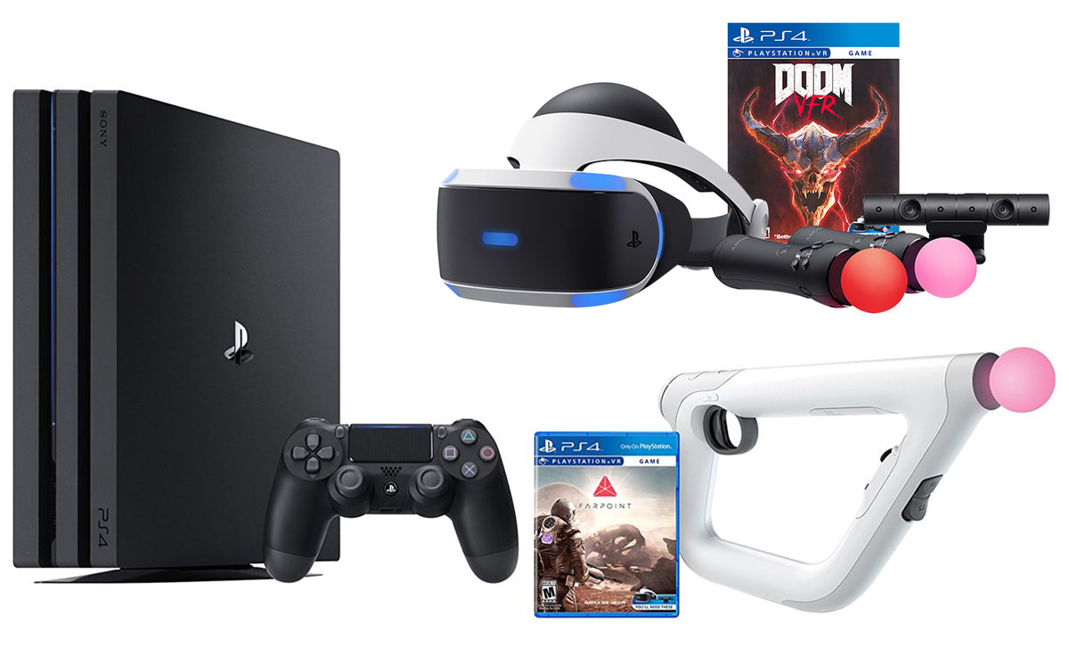 PS4 Shooter Bundle (6 Items): PlayStation 4 Pro 1TB Console, VR Headset, Farpoint Aim Controller Bundle, PSVR Doom Game, Playstation Camera, and 2 Move Motion ControllersPS4 Shooter Bundle (6