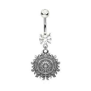 316L Stainless Steel Antique Polynesian Sun Dangle Navel Ring - YuppyCollections