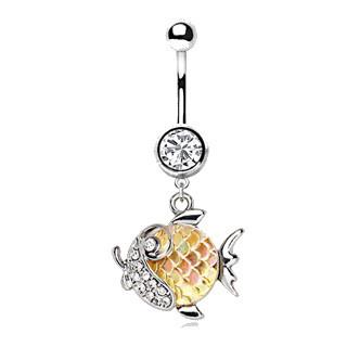 316L Stainless Steel Jeweled Gold Fish Dangle Navel Ring - YuppyCollections